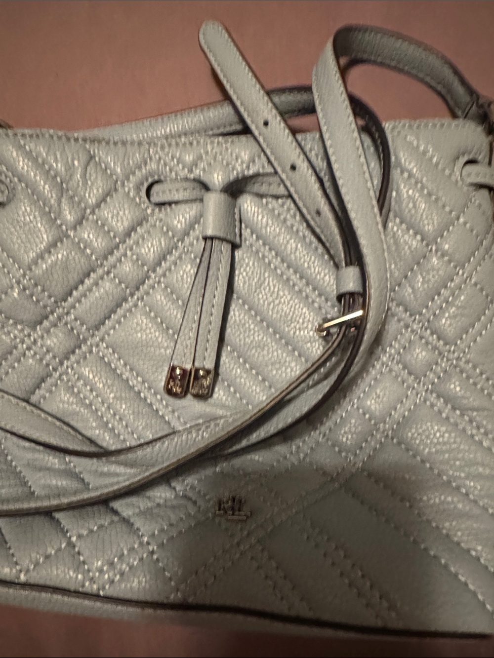 Ralph Lauren Quilted Light Gray Drawstring Shoulder Bag
